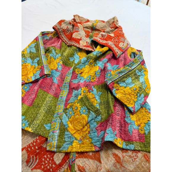 Kantha Patchwork Kimono Jacket Reversible Colorful Boho Patch Pockets O/S - Picture 13 of 16